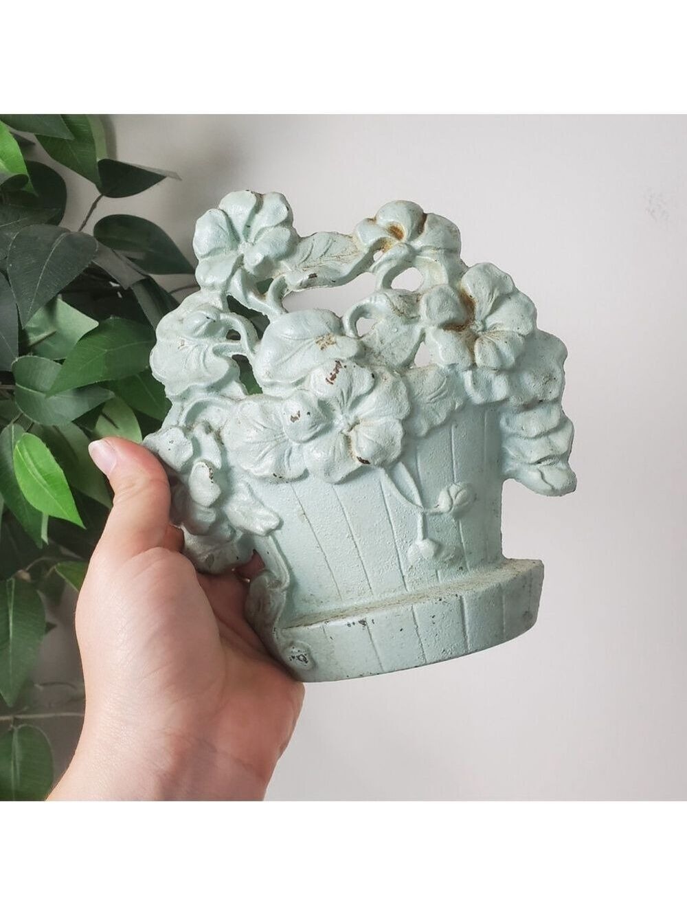 Antique Hubley Cast Iron Cosmos Flower Basket Doorstop Teal Blue